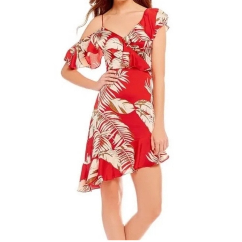 Lucy Paris Red Tropical Leaf Floral Ruffle Dress Size L | gently used